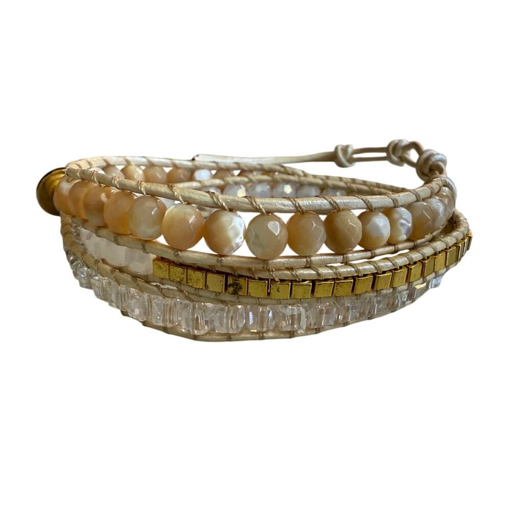 Victoria Emerson Beaded Wrap Bracelet Gold Crystal Off White
